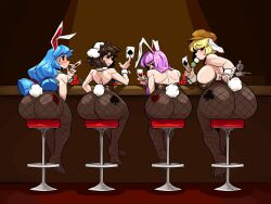 4girls aronnecroman black_hair blue_eyes blue_hair blush breasts bunny_ears bunny_girl bunnysuit dango female gambling huge_ass huge_breasts pink_hair reisen_udongein_inaba ringo_(touhou) seiran_(touhou) tagme tewi_inaba touhou yellow_eyes