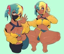 1girls aqua_background aqua_hair bandeau barefoot black_mask blonde_hair blue_nails breasts canari_(pokemon) canary_(pokemon) cleavage criss-cross_halter crop_top cropped_jacket feet female game_freak halterneck highres jacket large_breasts mask mask_pull midriff mouth_mask multicolored_hair multicolored_mask multicolored_panties multicolored_pants nail_polish navel nintendo ok_sign open_bandeau open_mouth panties pants pokemon pokemon_legends:_z-a purple_eyes short_twintails shybred simple_background solo split-color_hair stomach strapless toenail_polish toes tongue tongue_out tube_top twintails two-tone_hair two-tone_mask two-tone_panties two-tone_pants underwear unzipped unzipped_bandeau yellow_bandeau yellow_jacket yellow_mask yellow_nails zipper