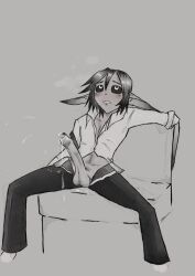 after_masturbation balls big_penis bluesky_link blush chair collared_shirt cum_drip cum_on_pants cum_on_penis dark_hair dark_pants dark_sclera goblin goblin_male greyscale hakarl_nagakura_(mister_culexus) leaning_back leaning_on_chair legs_apart long_ears looking_up male mister_culexus no_background original_character patreon_release penis pointy_ears rolled_up_sleeves solo sweat sweat_clouds thin_waist unbuttoned_pants unbuttoned_shirt veiny_penis white_shirt