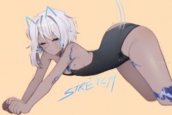 astral_lilin bunnysuit cat_ears cat_stretch cat_tail cat_whiskers closed_eyes cracked_skin crystalline_human dark_skin diffusedriven simple_background twitching virtual_youtuber white_hair