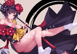 1girls ass black_hair black_kimono blue_eyes breasts calligraphy_brush cum cum_in_mouth cum_on_body cum_on_upper_body cumdrip dean fate/grand_order fate_(series) female female_only fine_art_parody flower hair_flower hair_ornament hairpin holding ink japanese_clothes katsushika_hokusai_(fate) kimono medium_breasts nihonga nipples obi off_shoulder paintbrush parody pussy_juice sash short_hair socks solo ukiyo-e white_legwear