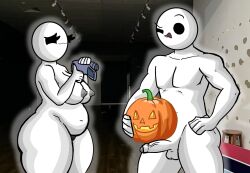 1boy1girl :3 alternate_version_available bald bald_female balls black_eyes black_pubic_hair breasts camera chetoh chubby chubby_female claire_(chetoh) completely_nude disgusted egg eggmale erect_penis erection female grey_nipples hand_on_hip holding_object holding_pumpkin looking_at_another looking_at_partner male naked naked_female naked_male nipples nude nude_female nude_male oc original original_character original_characters penis photo_background pubic_hair pumpkin shirtless shirtless_male shocked shocked_expression shorts smile smiling smiling_at_partner testicles thumbs_up topless topless_male uncircumcised uncircumcised_penis white_body