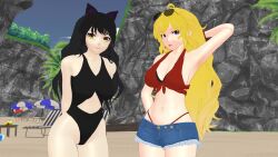 2girls 3d arm_behind_back arm_behind_head armpits beach big_breasts bikini bikini_top black_hair black_hair_female blake_belladonna blonde_female blonde_hair breasts busty canon_couple cat_ears cleavage female large_breasts legs long_hair long_hair_female looking_at_viewer navel one-piece_swimsuit pose posing purple_eyes rwby swimsuit theblackbirdcalls thighs thong_bikini whale_tail yang_xiao_long yellow_eyes