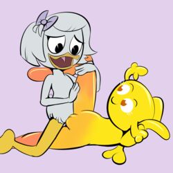 anthro anthro_on_anthro avian bird brown_eyes cartoon_network crossover disney disney_channel disney_xd duck ducktales ducktales_(2017) fairy female female_only hair hair_ribbon hairbow happy happy_sex leg_glider_position nude penny_fitzgerald purple_background pussy raised_leg ribbons sex short_hair simple_background smile spread_legs spreading the_amazing_world_of_gumball tribadism unknown_artist webby_vanderquack young yuri