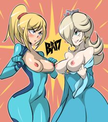 2girls areola areolae bigdeadalive blonde_hair blue_eyes blush bodysuit breast_contest breasts breasts_out busty crossover crown dress dress_pull earrings exposed_breasts female female_only grin mario_(series) metroid multiple_girls nintendo nipples open_clothes ponytail princess_rosalina samus_aran skin_tight zero_suit zero_suit_samus