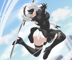 1girls ass big_ass blindfold breasts clothing female female_only hairband light-skinned_female light_skin nier nier:_automata short_hair skirt skirt_lift solo thighhighs white_hair xtia yorha_2b
