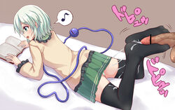 black_legwear blush book censored cum cum_on_body cum_on_clothes cum_on_feet cum_on_lower_body ejaculation eyeball feet footjob footjob_with_legwear green_eyes green_hair happy heart iberiko_(soinesitai) koishi_komeiji legwear lying musical_note no_hat no_headwear on_stomach panties penis reading skirt smile thighhighs touhou