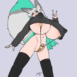 1:1 animal_humanoid areola aroused big_breasts big_tail blush blush_lines bodily_fluids breasts canid canid_humanoid canine canine_humanoid clitoris clothing erect_nipples female fox_humanoid fuyumi_(zedrin) genital_fluids gesture green_eyes green_highlights grey_hair grey_sclera hair hand_gesture hi_res highlights_(coloring) huge_breasts humanoid lactating lactating_through_clothing lactation long_hair looking_at_viewer mammal mammal_humanoid milk navel nipple_outline nipples one-piece_swimsuit pussy_slip signature slim sling_bikini smile smiling_at_viewer standing sweat sweatdrop swimwear tail text top_heavy under_boob v_sign vaginal_fluids wet wet_clothing zedrin