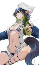 aaakira_(sk_bogi) abs anklet arknights bikini breasts can crocodilian_tail eyewear_on_head female gavial_(arknights) gavial_the_invincible_(arknights) gavial_the_invincible_(holiday)_(arknights) green_hair hat highres holding holding_can jacket jewelry letterman_jacket long_hair looking_at_viewer navel official_alternate_costume pointy_ears pouring ring shorts simple_background smile solo sunglasses swimsuit tail white_background white_hat yellow_eyes