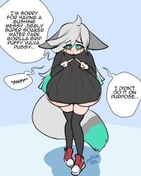 animal_humanoid areola big_breasts big_tail blush blush_lines bodily_fluids breasts canid canid_humanoid canine canine_humanoid clothing crying dialogue explicit_text female fox_humanoid fuyumi_(zedrin) green_eyes green_highlights grey_hair grey_sclera hair hi_res highlights_(coloring) huge_breasts humanoid mammal mammal_humanoid multicolored_hair shadow signature solo speech_bubble sweater tail tears text topwear under_boob zedrin