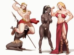 4girls abs ai_generated barefoot blonde_hair breasts brunnette cunnilingus dark-skinned_female dark-skinned_sub dark_skin female gladiator_sandals interracial kneeling light-skinned_female lipstick metal_pasties muscles muscular muscular_female oral oral_sex pasties pussy red_clothes red_clothing sandals skull soles spear spread_legs thick_thighs tribal vagina victory victory_pose yuri