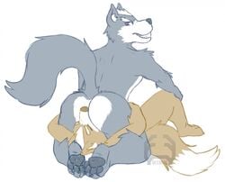 anthro ass canine deeroni fox fox_mccloud male male_only mammal nintendo nude sitting star_fox teabag video_games wolf wolf_o'donnell yaoi