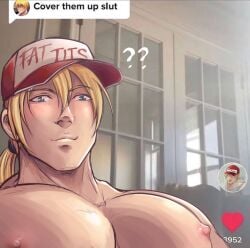 1boy 2boys ? ?? big_areola blonde_hair blue_eyes blush breasts breasts_bigger_than_head cap confused cover_them_up_slut erect_nipples eyebrows_visible_through_hair fatal_fury favorite gay hal_(harenchiou) hi_res huge_breasts king_of_fighters livestream long_hair looking_at_viewer male male_breasts male_only mature_male meme meme_reference moobs no_visible_genitalia offscreen_character oppai pecs phone_screen pink_areola ponytail profile_picture realistic_background rock_howard smile smirk snk solo solo_focus terry_bogard text text_box tied_hair topless yaoi