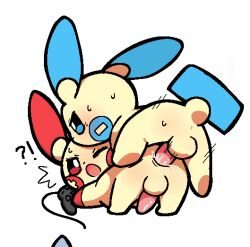 anal anal_sex anthro anthro_on_anthro anus backsack balls ballsack bodily_fluids controller duo generation_3_pokemon genital_fluids genitals interspecies male male/male minun nintendo penetration penis plumflavor plusle pokemon pokemon_(species) precum surprised sweat