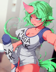 1futa 2018 animeflux balls blush breasts cleavage cock_sleeve dickgirl erection futa_only futanari green_eyes green_hair horn horsecock huge_breasts huge_cock intersex looking_at_viewer lyren mega_milk open_mouth original penis penis_grab pink_penis pink_skin selfie short_hair shorts shy solo standing tail testicles throbbing white_shirt