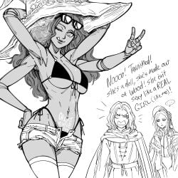 3girls 4_arms :q bb_(baalbuddy) bikini bloodborne dialogue elden_ring english_text female female_only fromsoftware looking_at_viewer melina_(elden_ring) monochrome plain_doll ranni_the_witch smiling smiling_at_viewer tagme text v_sign very_high_resolution white_background wink winking_at_viewer