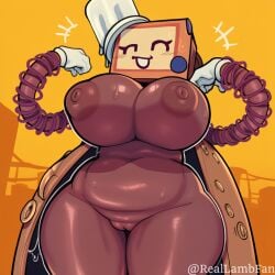 1girls ai_generated big_ass big_breasts breasts brown_body brown_nipples chef_hat cookieware_(die_of_death) die_of_death_(roblox) female front_view happy male nipples pc penis reallambfan roblox roblox_game slightly_chubby solo tagme thick_thighs wide_hips