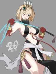 absurdres arcueid_brunestud big_breasts blonde_hair breasts cleavage cowboy_shot curvy dated energy_weapon facial_mark female grey_background highres holding holding_whip huge_breasts jonyeld large_breasts one_eye_closed red_eyes revealing_clothes short_hair simple_background solo tsukihime wide_hips