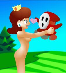 animated breasts juicedrinker mario_(series) mario_golf naked nintendo outdoors outside princess_daisy shy_guy sideboob