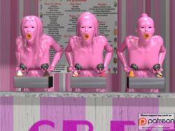 2017 3d 3girls black_sclera blank_stare creativeguy59 female female_focus female_only femsub hi_res high_resolution highres holding_breasts human human_only ice_cream inanimate inanimate_object inanimate_transformation lactation latex_suit machine milking mind_break objectification open_mouth original pink_hair pink_skin ponytail red_eyes shiny_skin signature standing standing_position staring transformation unusual_lactation what