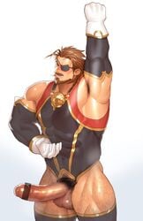 1boy bara blush body_hair boner bottomless erection eugen_(granblue_fantasy) eyepatch gloves granblue_fantasy kuromine_hiraya male male_focus male_only muscle penis solo tagme yuatari