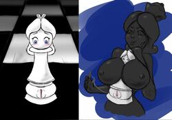 2015 2girls alice_in_wonderland alice_liddell between_breasts big_breasts black_eyes black_hair black_skin blue_eyes blush chess chess_piece digital_media_(artwork) erect_nipples female female_only fingering hairbow hand_on_cheek human inanimate_object inanimate_transformation multiple_girls olivano paizuri queen_(chess) transformation vagina white_hair white_skin yuri