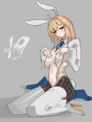 absurdres animal_ears arcueid_brunestud blonde_hair boots breasts cleavage curvy dated fake_animal_ears fake_tail female fishnet_pantyhose fishnets grey_background highres huge_breasts jonyeld large_boobs large_breasts pantyhose rabbit_ears rabbit_tail red_eyes shirt short_hair simple_background solo tail thigh_boots top_heavy tsukihime white_boots white_shirt