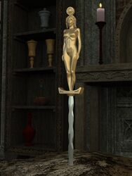 2016 3d creativeguy59 female_only femsub gold_hair gold_skin human human_only inanimate inanimate_object inanimate_transformation nude open_mouth original petrification sword yellow_hair yellow_skin