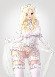 blackingyourwaifu blonde_hair bride female lace large_breasts pearl_thong solo wedding_dress