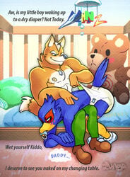 anthro avian canine crib diaper falco_lombardi fox fox_mccloud infantilism male mammal nintendo star_fox urine video_games wet wetting yaoi zuago