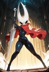 ai_generated black_body breasts female hollow_knight hollow_knight:_silksong hollow_knight_(franchise) hornet_(hollow_knight) insects looking_at_viewer mask masked_female no_panties nude red_coat zorrodood