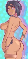 1girls areolae ass bare_shoulders big_ass big_breasts black_hair blue_background blue_eyes bracelet breasts dark-skinned_female dark_skin deviantart earrings eyelashes female female_only gem hand_on_hip highres human jewelry large_breasts lipstick looking_at_viewer looking_back nail_polish necklace nintendo nipple nipples nude olivia_(pokemon) pink_lipstick pokemon pokemon_sm presenting purple_border r3dfive short_hair sideboob smile solo standing text url watermark