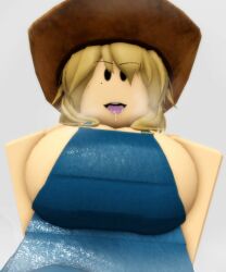 1girls 3d big_breasts blonde_hair breasts cleetus cowboy_outfit female female_focus female_only flamingo_(youtuber) neppyyyy overalls roblox robloxian rule_63 spit tagme tongue_out