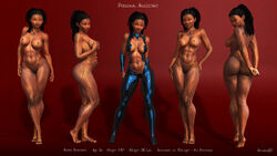 1girls 3d amber_boseman android artist_name back_view bare_shoulders barefoot becarra big_breasts black_hair bodysuit busty butt_crack cleavage covering covering_breasts curvy dark-skinned_female dark_skin dat_ass english_text eyelashes female female_only front_view hourglass_figure humanoid long_hair looking_at_viewer looking_back naked nude pose posing red_eyes shadow shiny shiny_skin side_view sideboob simple_background solo standing text tongue_out voluptuous wide_hips