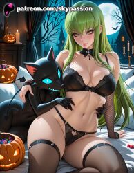 1girls 2025 ai_assisted ai_generated anime arm_support artist_name bare_tree bra breasts bust c.c. candy candy_cane castle cleavage code_geass cross explicit female food grave green_hair halloween halloween_bucket happy_halloween hi_res high_quality high_resolution highres jack-o'-lantern long_hair moon moonlight mummy mummy_costume navel night night_sky patreon patreon_username pumpkin silk skypassion stable_diffusion thigh_strap underwear watermark window