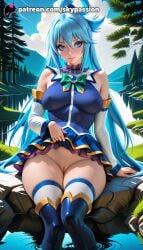 1girls 2025 ai_assisted ai_generated anime aqua_(konosuba) artist_name beach blue_hair boots branch breasts bust detached_sleeves explicit female female_genitalia genitals hair_rings hi_res high_quality high_resolution highres island jungle kono_subarashii_sekai_ni_shukufuku_wo! konosuba leaf long_hair looking_at_viewer no_panties patreon patreon_username potted_plant pussy skypassion smile solo stable_diffusion tanzaku thigh_boots thighhighs uncensored_pussy uncensored_vagina water watermark