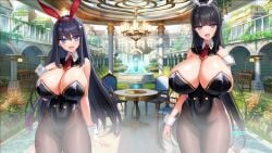 2girls black-haired_female black_hair boobs breasts bunny_costume bunny_ears bunny_girl campus chair cleavage clothed_female derauea english_text enormous_breasts female female_only game_cg giant_breasts gigantic_breasts huge_breasts hyper_breasts massive_breasts milk_factory momina_chichizaki motto!_haramase!_honoo_no_oppai_isekai_oppai_bunny_gakuen! open_eyes open_mouth open_mouth_smile runa_usami schoolgirl super_breasts table talking tits