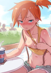 1girls ambiguous_gender areolae bare_shoulders beach belly bendy_straw blue_eyes blush breasts clouds collarbone cup day denim denim_shorts drink drinking_straw exhibitionism eyebrows_visible_through_hair eyelashes female female_only hair_between_eyes half-closed_eyes holding human human_only kasumi_(pokemon) looking_at_viewer midriff navel nipples ocean one_breast_out oppai_challenge orange_hair outdoors petite pokemon pokemon_rgby public public_nudity sea seaside shiny shiny_hair shirt short_hair short_shorts shorts side_ponytail sitting sky small_breasts solo suspenders sweat table tank_top toku_(ke7416613) wet