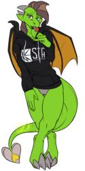 2018 4_fingers alpha_channel anthro bedroom_eyes bottomless brown_eyes candy claws clothed clothing cute_fangs dragon female fin food front_view full-length_portrait green_skin half-closed_eyes hand_on_leg hand_on_thigh holding_food holding_object hoodie horn idoodle2draw licking lollipop looking_at_viewer portrait pussy scalie seductive signature simple_background solo tongue tongue_out transparent_background wings