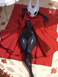 1girls ai_generated beach black_body black_bodysuit black_latex bodysuit breasts female female_only hollow_knight hollow_knight:_silksong hollow_knight_(franchise) hornet_(hollow_knight) insects latex latex_clothing latex_suit looking_at_viewer lying_on_back mask masked_female nipples no_panties nude peya png red_coat shiny_clothes solo tight_clothing