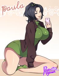 black_hair blue_eyes dress female high_heels kneeling minidress panties partially_clothed phone ryo_agawa selfie shirt solo turtleneck turtleneck_dress