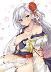 1girls akino_hamo aqua_eyes azur_lane black_gloves breasts collarbone commentary_request female floral_background gloves gradient_hair hair_ornament hand_up highres japanese_clothes kimono large_breasts light-skinned_female light_skin long_hair long_sleeves looking_at_viewer mole mole_under_eye multicolored_hair nipples obi off_shoulder partly_fingerless_gloves pink_hair ribbon-trimmed_legwear ribbon_trim sakura_empire_(azur_lane) sash shoukaku_(azur_lane) silver_hair simple_background sitting solo sweat thighhighs very_long_hair white_background white_legwear