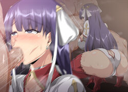 1boy ass bangs blush censored choker earrings eyebrows_visible_through_hair fate/grand_order fate_(series) fellatio female long_hair looking_at_another multiple_views penis purple_eyes purple_hair saint_martha saintshiro shiny_skin sweat thighhighs tongue tongue_out visible_air