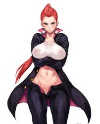 bancho blush breasts cowboy_shot crossed_arms earrings erect_nipples female gakuran gluteal_fold jewelry large_breasts looking_at_viewer mikanman navel original ponytail red_hair school_uniform solo tomboy yankee