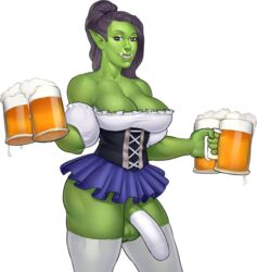 1futa balls beer beer_mug big_breasts big_penis black_hair breasts casual cleavage clothing cock_sleeve cock_sleeve_(clothes) dickgirl erection futa_only futanari genitalwear green_skin highres intersex large_breasts legwear looking_at_viewer orc orc_futanari outerwear penis solo solo_futa testicles wahafagart