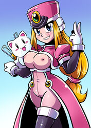 anaugi black_legwear blonde_hair blue_background blue_eyes blush bodysuit breasts cap capcom coat feline female framed_breasts gloves gradient gradient_background hair_ornament hand_gesture hat highres large_breasts long_coat long_hair low-tied_long_hair mega_man mega_man_zx nipples pink_coat prairie puffy_short_sleeves puffy_sleeves rockman rockman_zx shako_cap short_sleeves sidelocks simple_background smile solo solo_focus spandex third-party_edit white_gloves