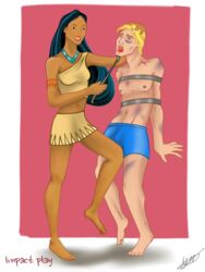 1boy 1girls 2015 black_hair blonde_hair bondage bruise bruised bruises clothing dark-skinned_female dark_skin disney disney_princess domination dominatrix female femdom human human_only john_smith male male_nipples malesub native_american pocahontas pocahontas_(character) scars skirt smile standing underwear white_background