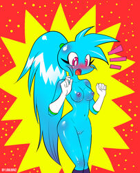 1girls 2015 anthro blue_fur blush boots breasts canine clothing embarrassed female footwear fur gloves hair hi_res loulouvz mammal navel nipples nude open_mouth pussy solo spaicy spaicy_chicross