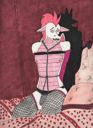 anthro bondage bound bulge clothing dragon fishnet fizzle_(mlp) friendship_is_magic girly heart legwear looking_at_viewer lysergic-raccoon male my_little_pony nipples penis rope scalie stockings traditional_media_(artwork)