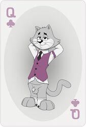 2018 anthro balls bottomless clothed clothing dress_shirt feline flaccid fur half-closed_eyes hands_behind_head humanoid_penis looking_at_viewer male male_only mammal necktie neenya partially_clothed penis playing_card queen_of_clubs shirt simple_background small_penis smile solo standing top_cat top_cat_(series) transparent_background vest